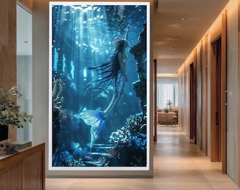 Magical Underwater Canvas Print Featuring Elegant Blue Mermaid Fantasy Ocean Wall Art For Coastal Decor And Mythical Sea Lovers