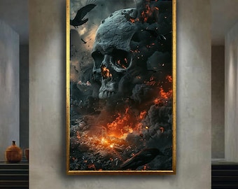 Apocalyptic Skull Canvas Wall Art – Dark Burning Landscape with Ravens, Gothic Horror Fantasy Print for Haunted and Dramatic Home Decor