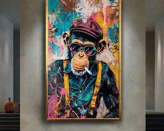 Cool Monkey Canvas Wall Art, Colorful Street Style Animal Print, Urban Pop Art Decor for Modern Home, Game Room or Office