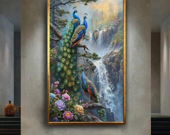 Elegant Peacock Wall Art with Waterfall and Flowers Colorful Exotic Birds Nature Fantasy Artwork Oriental Home Decor