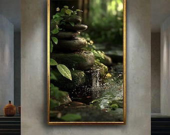 Zen Nature Canvas Wall Art with Mossy Stones and Flowing Stream – Peaceful Forest Print for Spa, Meditation or Healing Room Decor