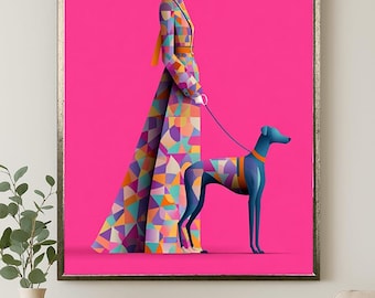 Modern Fashion Woman and Dog Canvas Wall Art Geometric Pop Art Style Colorful Illustration Print for Stylish Living Room or Studio