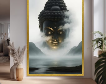 Zen Buddha Canvas Wall Art Misty Mountain and Giant Buddha Head Spiritual Tranquility Print for Meditation or Yoga Room Decor