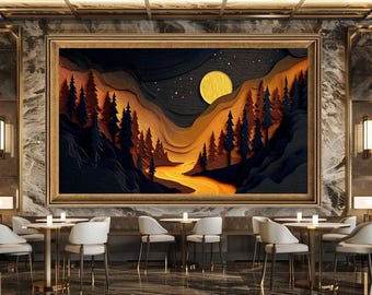 Depicting a forest, mountains, and a river shimmering in the moonlight, this canvas wall painting is ideal for nature-inspired home decor.