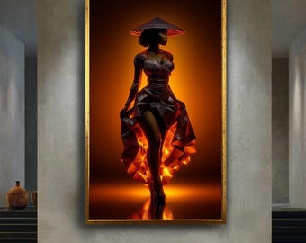 Polygonal Cyber Woman Canvas Print, Futuristic Asian Fashion Art with Neon Glow and Geometric Dress for Modern Wall Decor