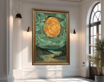 Stylized Golden Moon and River Landscape Canvas Wall Art with Dreamlike Mountains and Forest, Fantasy Nature Night Scene for Home Decor