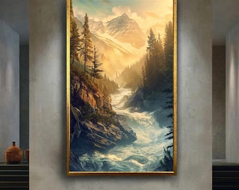 Rushing Mountain River Canvas Wall Art Print with Sunrise and Pine Trees, Scenic Nature Landscape for Rustic Cabin or Adventure Home Decor