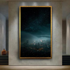 Sternenklare Nacht Stadtbild Wandkunst, Verträumter Nachthimmel mit Sternen, Verträumte Skyline mit Sternen, Midnight Lights Leinwanddekor