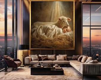 Sacred Baby and Lamb Canvas Wall Art with Golden Light – Peaceful Christian Nursery Print with Straw and White Blanket
