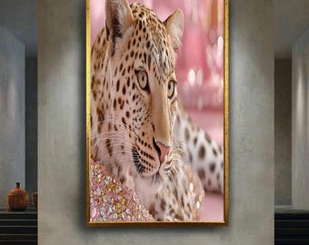 Luxury Leopard Art Print with Pink Diamond Sparkle, Elegant Wild Cat Wall Decor for Glamorous Animal Lovers and Fashion Spaces