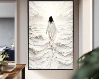 Spiritual White Abstract Canvas Print, Jesus Walking Towards the Light, Minimalist Modern Wall Art, Peace-Themed Artwork Print