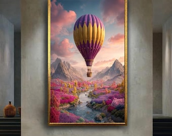Hot Air Balloon Canvas Wall Art Over Lavender Fields and Mountains, Whimsical Fantasy Landscape Print for Colorful Wall Decor
