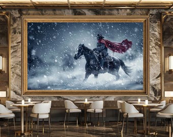 Snowstorm Cowboy Wall Art Print, Western Horse Rider Canvas Art, Epic Winter Landscape Artwork for Rustic or Man Cave Decor