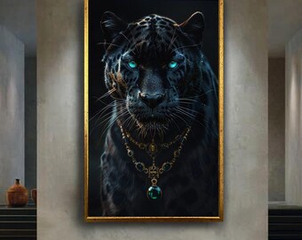Majestic Black Panther Canvas Wall Art – Fantasy Big Cat Portrait with Glowing Eyes and Emerald Jewelry for Bold Modern Home Decor