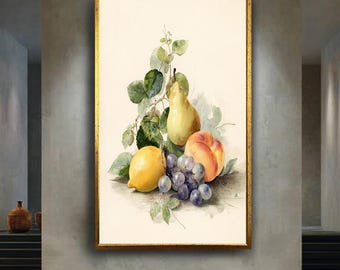 Vintage Fruit Still Life Canvas Wall Art, Watercolor Lemon Pear Peach Grape Print, Country Cottage Kitchen Botanical Decor