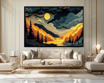 Layered Style Mountain Landscape Canvas Print, Moonlight and Golden Hills, Paper Cut Style Nature Wall Print, for Home Decor