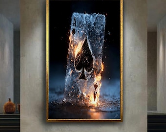 Ace of Spades Wall Art – Fire and Ice Playing Card Print – Dramatic Poker Canvas Poster