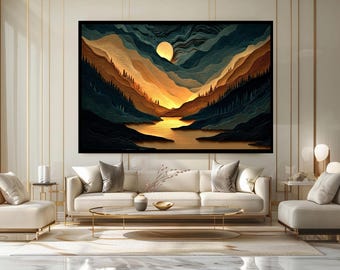 Golden Sunset Layered Style Mountain Landscape Canvas Print, Modern Wall Decor with River Valley and Moon in Paper Cut Style