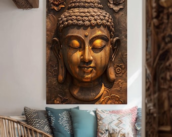 Golden Buddha Canvas Wall Art – Ornate Floral Spiritual Decor for Meditation Room, Zen Space or Asian-Inspired Interior Design