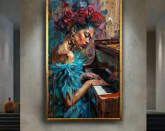 Piano Player Woman Canvas Wall Art, Colorful Oil Painting Style Music Artwork for Home Decor, Gift for Musicians and Art Lovers
