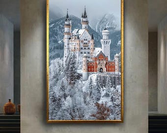 Neuschwanstein Castle Winter Wall Art Bavarian Snowy Landscape Canvas Print Fairy Tale Palace Poster for Christmas or Alpine Decor