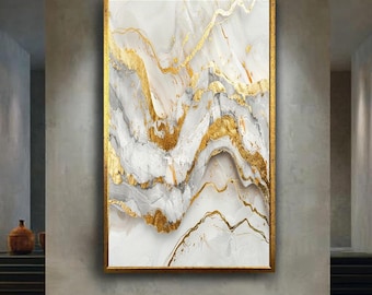 Abstract White Grey and Gold Marble Canvas Wall Art with Fluid Print, Modern Luxury Minimalist Home Decoration