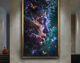 Psychedelic Butterfly Dream Canvas Wall Art – Surreal Female Portrait with Neon Energy and Fantasy Colors – Mystical Spiritual Print