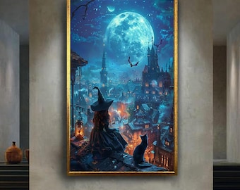 Witch and Black Cat under Full Moon Canvas Print, Magical Gothic City Night Fantasy Canvas Art for Halloween and Enchanting Home Decor