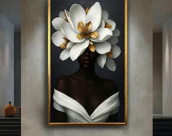 Elegant Woman with White Flower Crown Canvas – Modern Minimalist Portrait Wall Art in White and Gold, Feminine Floral Artwork for Home