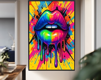 Rainbow Lips Wall Art Canvas – Dripping Pop Art Print on Yellow Background, Color Splash Graffiti Style Modern Artwork for Bold Décor