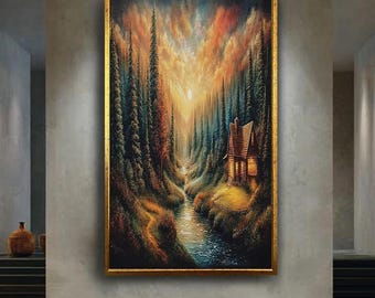 Cozy Forest Cabin Sunset Wall Art, Fantasy Pine Tree River Landscape Printable for Rustic Lodge or Nature Inspired Home Decor