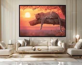 Leopard at Sunset Canvas Wall Art African Wildlife Nature Print Big Cat Resting on Tree Branch Jungle Safari Animal Decor