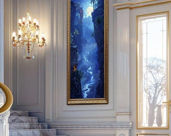 Fantasy Moonlit Canyon Wall Art Canvas Landscape Poster Tropical Waterfall Print Mystical Nature Scene Night Sky Decor