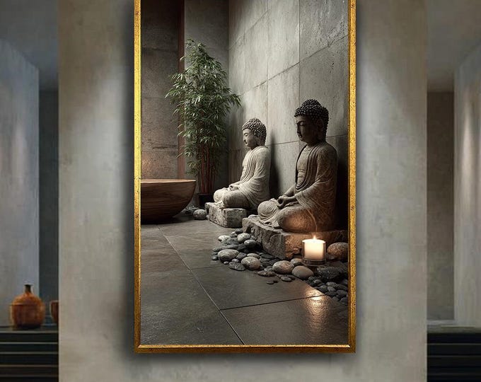 Featured listing image: Zen Buddha Meditation Canvas Print – Minimalist Wall Art with Candles, Stones and Bamboo for Spa Room, Yoga Studio or Peaceful Home Decor