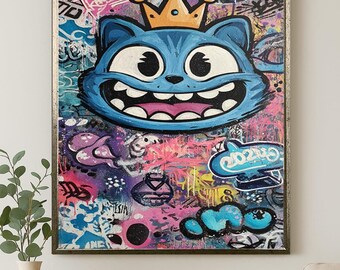 青い漫画猫のグラフィティウォールアートプリント、都会的なストリート