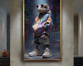 Cool Chameleon Streetwear Canvas Wall Art – Hip Hop Lizard Character in Colorful Hoodie and Sneakers with Graffiti Background