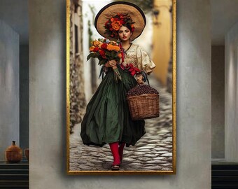 Vintage Woman Wall Art Print, Floral Retro Portrait Canvas Art, Traditional Dress Art, Romantic Rustic Home Decor