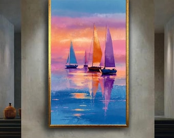 Colorful Sailboats Sunset Seascape Wall Art, Pastel Ocean Painting Printable for Beach House or Nautical Coastal Room Decor