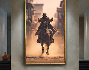 Gunslinger Cowboy Riding Horse in Dusty Western Town, Vintage Wild West Art Print for Rustic Decor, Cowboy Wall Poster