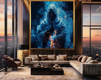 Mystical Warrior with Sword Wall Art in Blue Smoke and Fire, Dark Fantasy Canvas Print for Gamer Room or Medieval Themed Decor