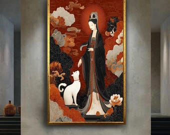 Fantasy Asian Woman with White Cat Wall Art – Red Oriental Canvas Print – Spiritual Mythical Poster – Mystical Home Decor Artwork