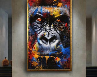 Colorful Gorilla Canvas Wall Art, Modern Pop Art Animal Portrait Print with Bold Abstract Paint Splashes for Contemporary Home Decor