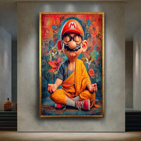 Zen Mario Canvas Wall Art – Funny Pop Culture Monk Mashup