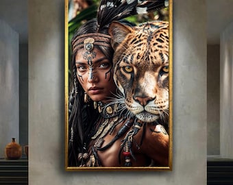 Tribal Warrior Woman with Jaguar Spirit Animal | Ethnic Jungle Goddess Canvas Art | Powerful Feminine Shamanic Wall Decor for Home