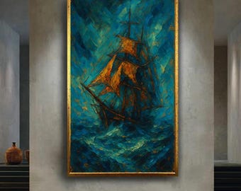 Sailing Ship at Sea Canvas Wall Art, Nautical Oil Painting Style Artwork for Home Decor, Maritime Gift for Ocean and Boat Lovers