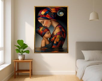 Mother And Child Mosaic Style Canvas Art Print Colorful Love Portrait Wall Decor Emotional Family Poster African Inspired Artwork