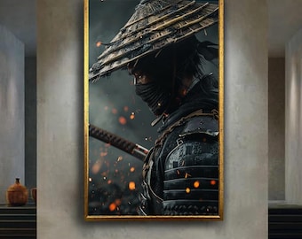 Samurai Warrior Canvas Wall Art – Japanese Ronin with Straw Hat and Katana, Feudal Japan Bushido Print for Martial Arts Home Decor