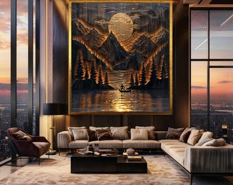 Rustic Mountain Lake Canvas Wall Art – Dark Wood Carving Style Landscape with Glowing Sunset, Canoe Silhouette and Forest Reflection