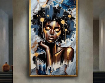 Afrocentric black woman canvas wall art print, gold modern portrait print, powerful feminine artwork for salon or stylish decor