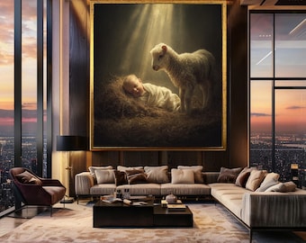 Holy Baby and Lamb Canvas Wall Art with Radiant Light – Peaceful Nativity Style Print for Nursery or Christian Home Decor